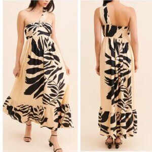 New! Anthropologie Let Me Be Tan Black One-Shoulder‎ Maxi Dress 35765